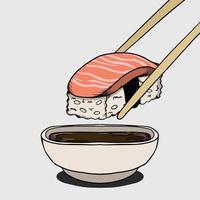 hand dragen färsk gott japansk sushi med matpinne och soja sås vektor