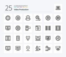 video produktion 25 linje ikon packa Inklusive video. forskning . spelare. väska vektor