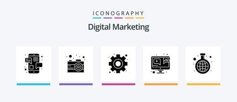 digital marknadsföring glyf 5 ikon packa Inklusive forskning. video. hierarki. uppkopplad video. webbläsare. kreativ ikoner design vektor