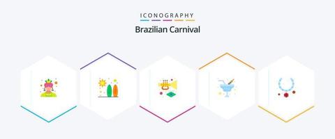 brasiliansk karneval 25 platt ikon packa Inklusive halsband. glas. instrument. vin. kampanj vektor