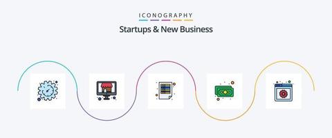 startups och ny företag linje fylld platt 5 ikon packa Inklusive webb utveckling. budget. dokument. pengar. sedel vektor