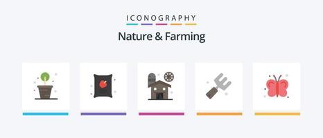 natur och jordbruk platt 5 ikon packa Inklusive insekter. fjäril. ladugård. gaffel. odla. kreativ ikoner design vektor