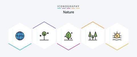 Natur 25 gefüllte Linie Symbol Pack einschließlich . Sonnenaufgang. Blatt. Sonne. Bäume vektor