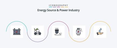 energi källa och kraft industri linje fylld platt 5 ikon packa Inklusive laddning. batteri. miljö. ackumulator. kraft tillförsel vektor