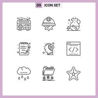 uppsättning av 9 modern ui ikoner symboler tecken för mänsklig hjärna is anteckningsblock dokumentera redigerbar vektor design element