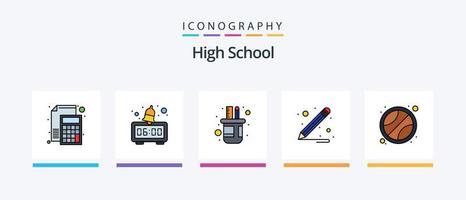 hög skola linje fylld 5 ikon packa Inklusive testa. utbildning. forskning. dokumentera. morgon. kreativ ikoner design vektor