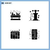 Gruppe von 4 solide Glyphen Zeichen und Symbole zum Lebensmittelgeschäft Arbeitsablauf Gemüse Reise Berechnung editierbar Vektor Design Elemente