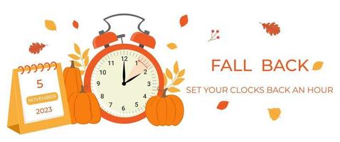 Tageslicht Speichern Zeit endet Konzept Banner. fallen zurück Zeit. Alarm Uhr mit Herbst Blätter, Kürbisse und Kalender vektor