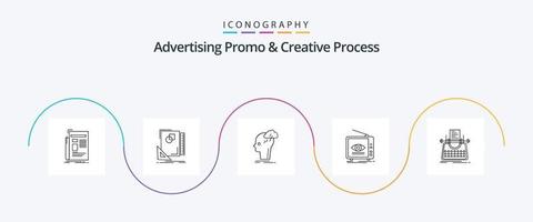 reklam promo och kreativ bearbeta linje 5 ikon packa Inklusive marknadsföring. annons. skiss. tänkande. huvud vektor
