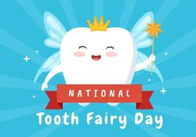nationaler zahnfeentag mit kleinem mädchen, um kindern bei der zahnbehandlung zu helfen, passen als plakat in einer flachen cartoon-handgezeichneten vorlagenillustration vektor