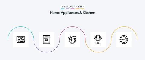 Hem apparater och kök linje 5 ikon packa Inklusive kök. plugg. mikrovågsugn. hårtork. torktumlare vektor