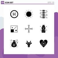 Pack von 9 modern solide Glyphen Zeichen und Symbole zum Netz drucken Medien eine solche wie Natur Schnee Musik- kreativ Größe ändern editierbar Vektor Design Elemente