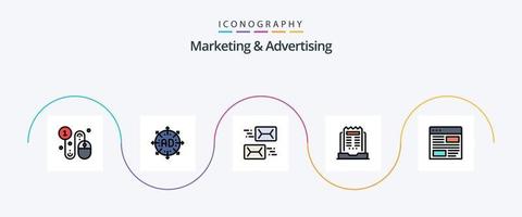 marknadsföring och reklam linje fylld platt 5 ikon packa Inklusive Nyheter. företag. bygga ut. post. e-post vektor