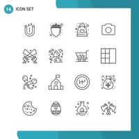 Lager Vektor Symbol Pack von 16 Linie Zeichen und Symbole zum Scheinwerfer Taschenlampe Familie Bild instagram editierbar Vektor Design Elemente