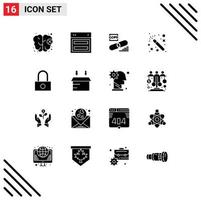 Pack von 16 modern solide Glyphen Zeichen und Symbole zum Netz drucken Medien eine solche wie Passwort Zauberer Clip Magier Sicherheit editierbar Vektor Design Elemente