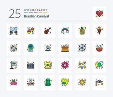 Brasilianer Karneval 25 Linie gefüllt Symbol Pack einschließlich Früchte. Lebensmittel. Instrument. Farbe. Wolke vektor