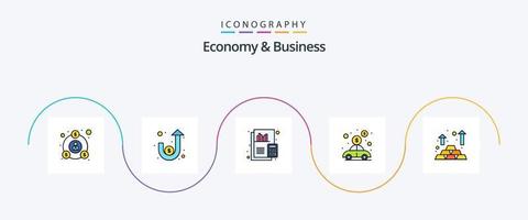 ekonomi och företag linje fylld platt 5 ikon packa Inklusive guld. pengar. bokföring. investering. bil vektor