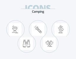 camping linje ikon packa 5 ikon design. kommunikation. walkie. soluppgång. tallar. djungel vektor