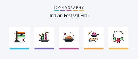 holi linje fylld 5 ikon packa Inklusive Färg. Indien. brand. taj mahal. byggnad. kreativ ikoner design vektor