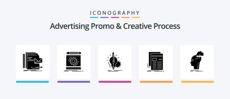 Werbung Promo und kreativ Prozess Glyphe 5 Symbol Pack einschließlich Nachricht. Gazette. Prototyp. die Glühbirne. Taste. kreativ Symbole Design vektor