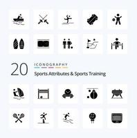 20 Sport Attribute und Sport Ausbildung solide Glyphe Symbol Pack mögen Ausbildung Boxen Volleyball Boxer Sport vektor