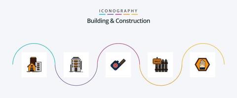 Gebäude und Konstruktion Linie gefüllt eben 5 Symbol Pack einschließlich Verkauf. Holz. Herberge. Zaun. Band vektor
