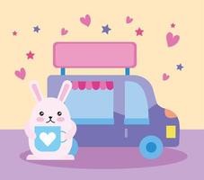 süßes kleines Kaninchen mit Imbisswagen, kawaii Charakter vektor