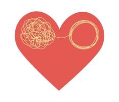 förvirrad kärlek ikon. härva tilltrasslad och nystas upp i hjärta. relation, psykolog, terapeut, kärlek begrepp. vektor platt illustration