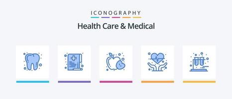 hälsa vård och medicinsk blå 5 ikon packa Inklusive rör. kemi. äpple. hjärta hälsa. kardiogram. kreativ ikoner design vektor