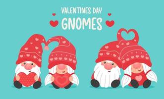 fröhlichen Valentinstag. Cartoon-Gnomen-Paare geben sich am Valentinstag ein rotes Herz. vektor