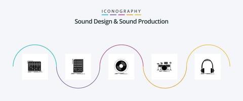 ljud design och ljud produktion glyf 5 ikon packa Inklusive instrument. trumma. mixer. vinyl. fonograf vektor