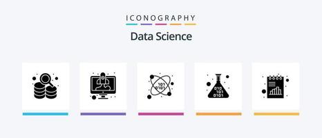 data vetenskap glyf 5 ikon packa Inklusive analyser. programmering. Start upp. koda. forskning. kreativ ikoner design vektor