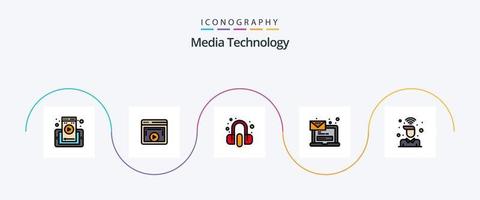 Medien Technologie Linie gefüllt eben 5 Symbol Pack einschließlich Anmeldung. Laptop. Video p. Email. Kopfhörer vektor