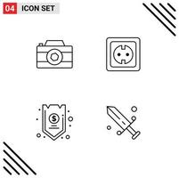 Linie Pack von 4 Universal- Symbole von Kamera sicher Foto Stecker Anerkennung editierbar Vektor Design Elemente