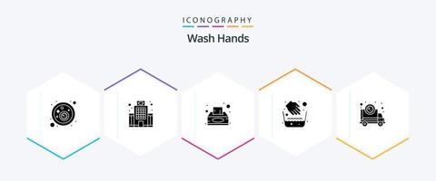waschen Hände 25 Glyphe Symbol Pack einschließlich Corona. Wasser Schüssel. Kasten. medizinisch. Hände vektor
