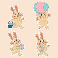 groovig Hippie Ostern Hase einstellen Aufkleber. retro glücklich Ostern Tag. Ostern Hase Charakter im modisch retro 60er Jahre 70er Jahre Karikatur Stil. retro Figuren. vektor