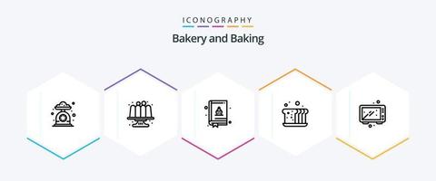 bakning 25 linje ikon packa Inklusive måltid. bröd. kaka. bakning. bok vektor