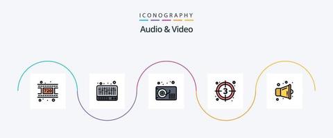 audio och video linje fylld platt 5 ikon packa Inklusive . multimedia. musik. megafon. Start vektor