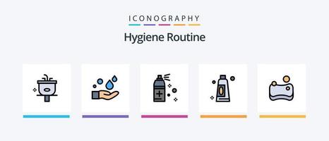 Hygiene Routine Linie gefüllt 5 Symbol Pack einschließlich . Flasche. Waschmittel. Reiniger. kreativ Symbole Design vektor