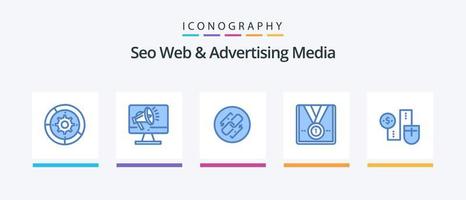 SEO Netz und Werbung Medien Blau 5 Symbol Pack einschließlich Stern. vergeben. Lautsprecher. Verknüpfung. URL. kreativ Symbole Design vektor