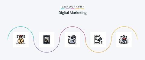 digital marknadsföring linje fylld platt 5 ikon packa Inklusive media. annons. handla. befordran. e-post vektor