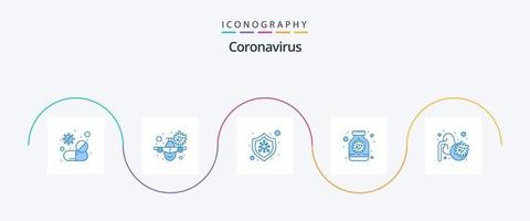 Coronavirus Blau 5 Symbol Pack einschließlich Flasche. Kapsel. Warnung. Virenschutz. Virus vektor