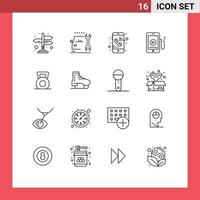 16 Universal- Gliederung Zeichen Symbole von Aufzug Fitness Handy, Mobiltelefon Hantel Zelle editierbar Vektor Design Elemente