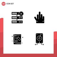 Gruppe von 4 solide Glyphen Zeichen und Symbole zum Datenbank Bildung Finger Buch Backup editierbar Vektor Design Elemente