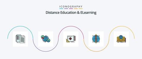 distans utbildning och elearning linje fylld platt 5 ikon packa Inklusive klot. fokus. internet. mål. fil mål vektor
