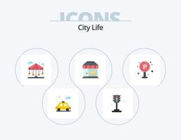 stad liv platt ikon packa 5 ikon design. trafik. stad. stad. mat. liv vektor