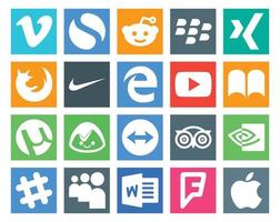 20 Sozial Medien Symbol Pack einschließlich Reise Teamviewer Nike Basislager Bücher vektor