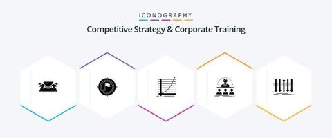 konkurrenskraftig strategi och företags- Träning 25 glyf ikon packa Inklusive kurs. företag. flagga. mål. kurva vektor