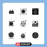9 Universal- solide Glyphe Zeichen Symbole von Diagramm Schuld Büro Balance Uhr editierbar Vektor Design Elemente