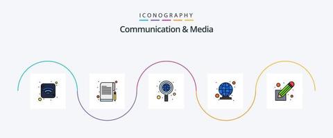 Kommunikation und Medien Linie gefüllt eben 5 Symbol Pack einschließlich Drehbuch schreiben. Film Skript. global. Personen. global vektor